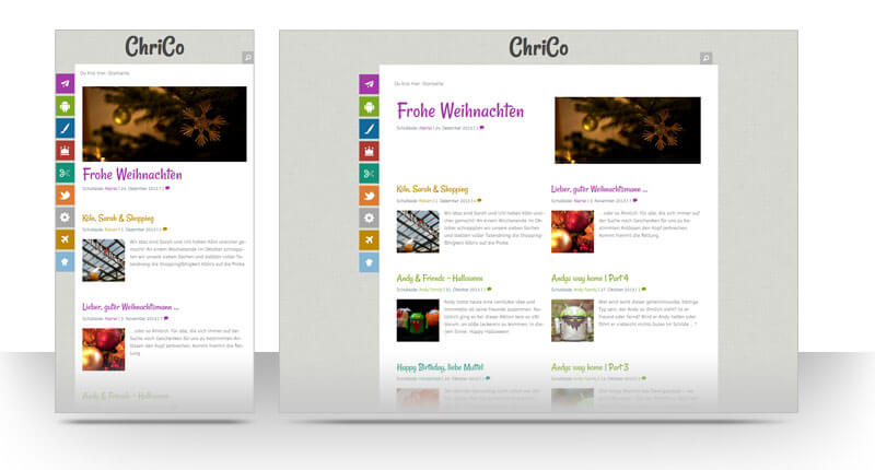 Links: Mobileansicht ChriCo WordPress-Theme 2014 , rechts Desktopansicht